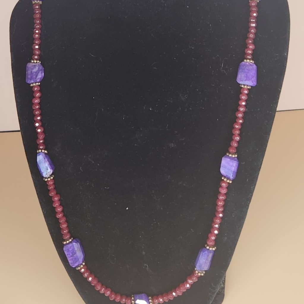 Red Jade, Mystic Purple Moonstone And Copper Beaded Necklace